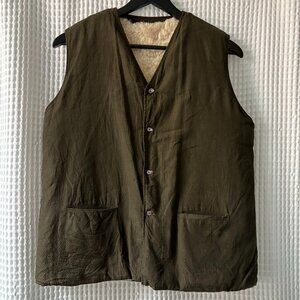 Handmade olive fabric and shearling vest with pockets men's size small